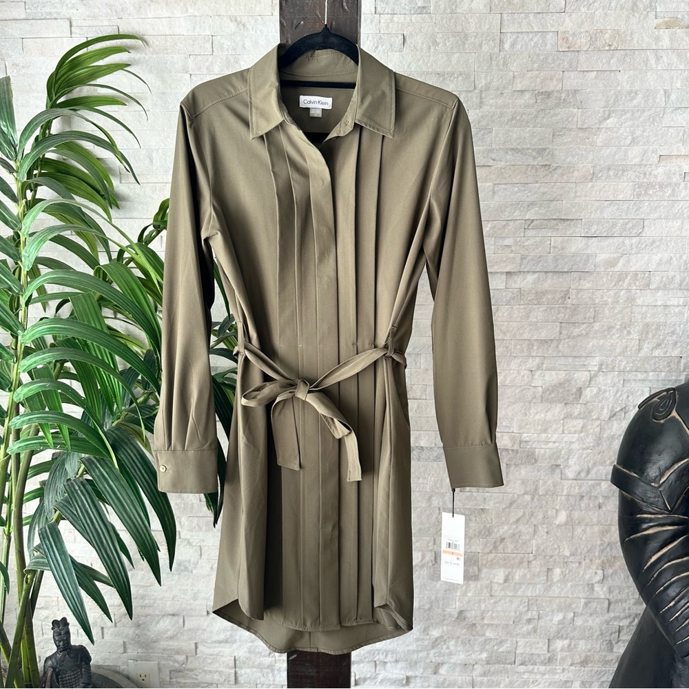 CALVIN KLEIN Olive Military Green Tie Waist Shirt Dress Size 2 New with Tags